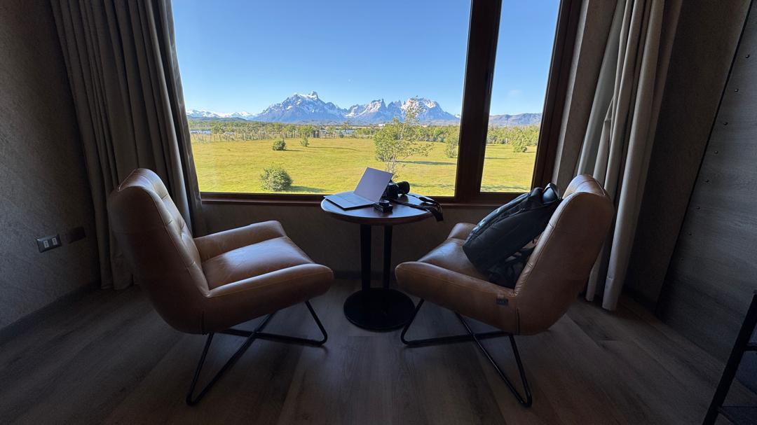 A Patagonia lodge room with a mountain view