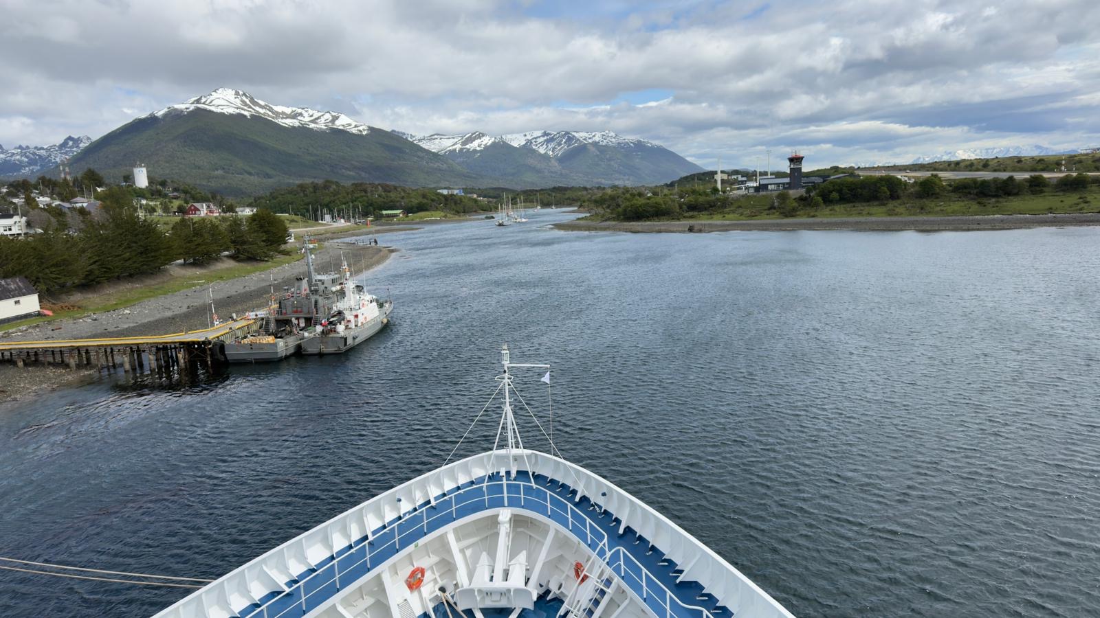 The bow of the Silversea expedition ship berthed before an Antarctica departure