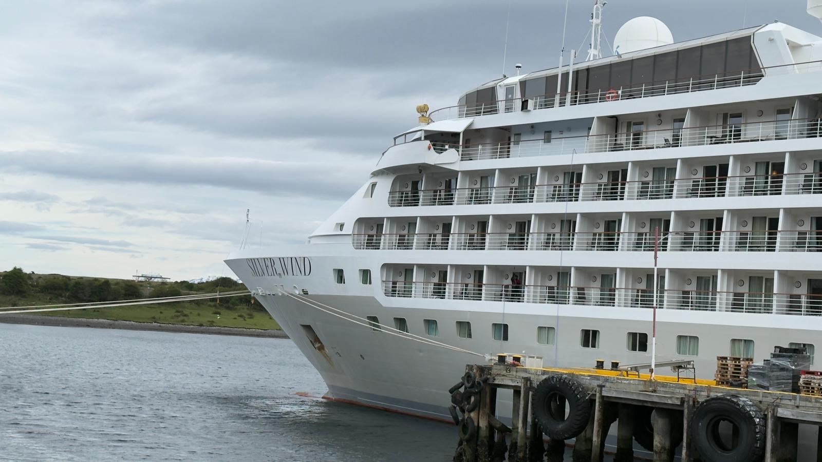 The Silversea expedition ship docked at the start of an Antarctica voyage