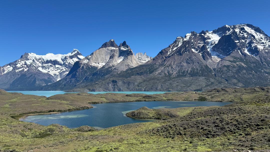 The Cuernos del Paine peaks and turquoise lakes in Torres del Paine