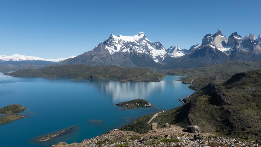 The Cuernos del Paine above Lake Pehoe in Torres del Paine, Patagonia