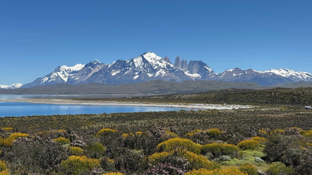 A panorama of the Torres del Paine mountains and lake in Patagonia